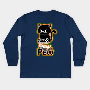 Black Cat Gamer pew pew pew Kids Long Sleeve T-Shirt